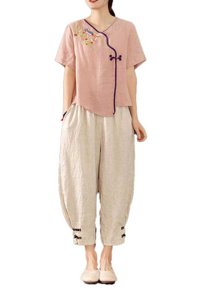 New Chinese Piece Retro Summer Button Embroidered Pink Outfit 2