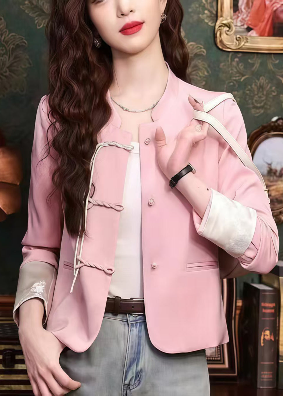 New Retro Pink Tasseled Silk Oriental Jacket Spring YJ046