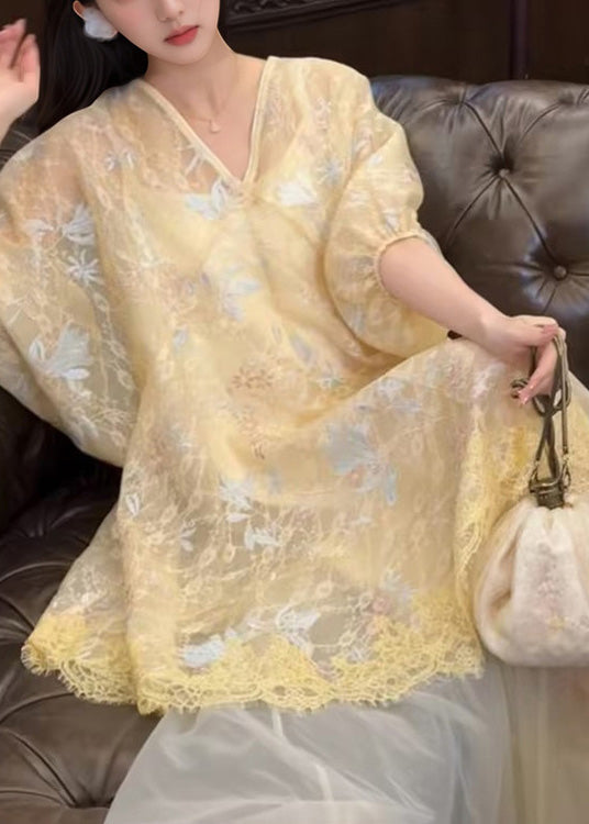 Asymmetrical Embroidered Yellow Dress Retro New Tulle Oriental