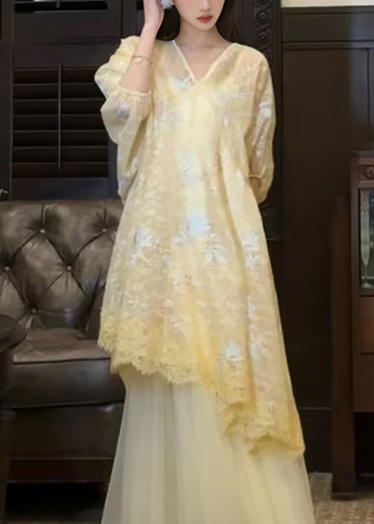 Asymmetrical Embroidered Yellow Dress Retro New Tulle Oriental