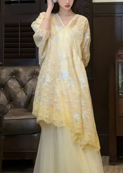 Asymmetrical Embroidered Yellow Dress Retro New Tulle Oriental