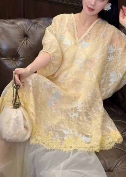 Asymmetrical Embroidered Yellow Dress Retro New Tulle Oriental