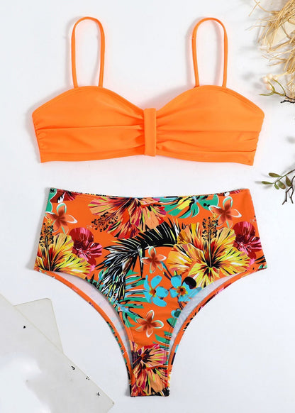 New Rose Print Backless Swimwear Two Pieces Set VC037