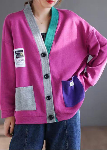 Rose Button Cardigan V Patchwork Spring Neck New Cotton