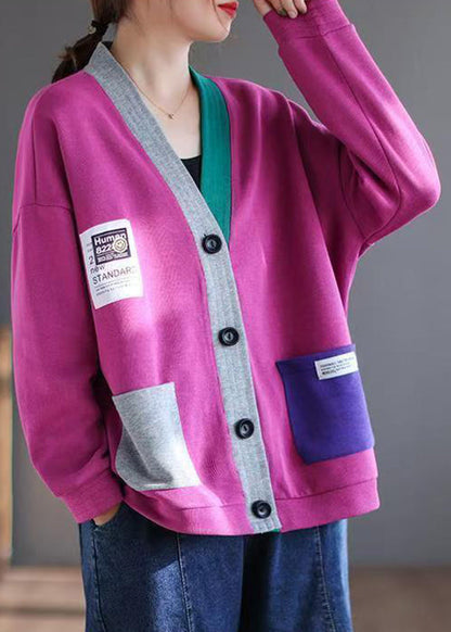 Rose Button Cardigan V Patchwork Spring Neck New Cotton