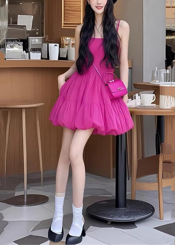 Rose New Wrinkled Strap Sleeveless Solid Dress Spaghetti Cotton