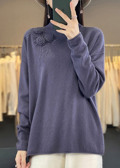 New Simple Beige Embroidered Wool Knit Pullover Spring TQ015
