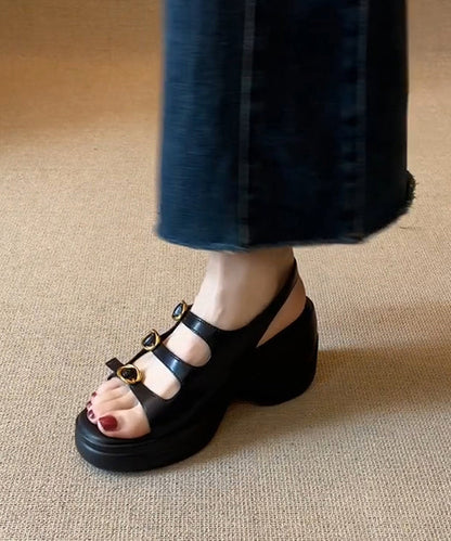 Toe Splicing Peep Black New Sandals Platform Leather Faux