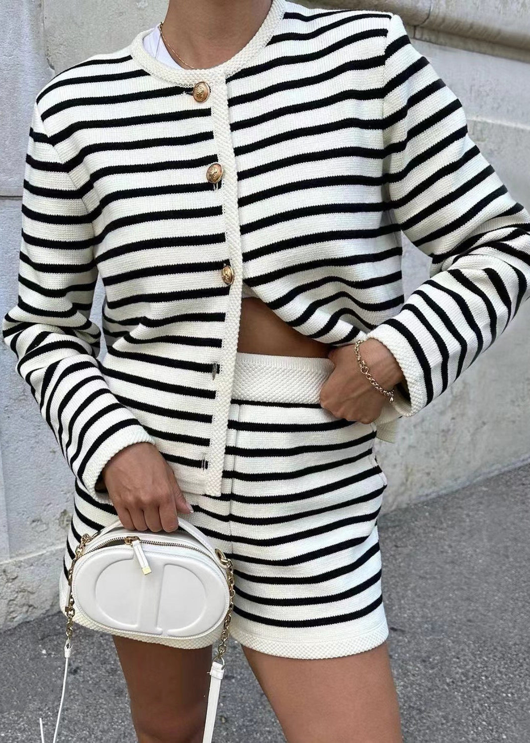 Knitting Coat Set And Striped Two Piece New Cotton Shorts Button