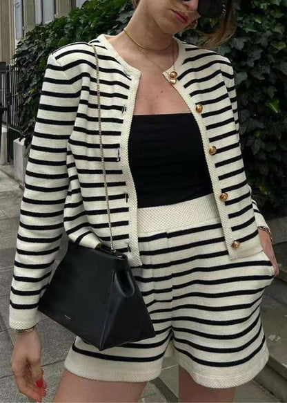 Knitting Coat Set And Striped Two Piece New Cotton Shorts Button