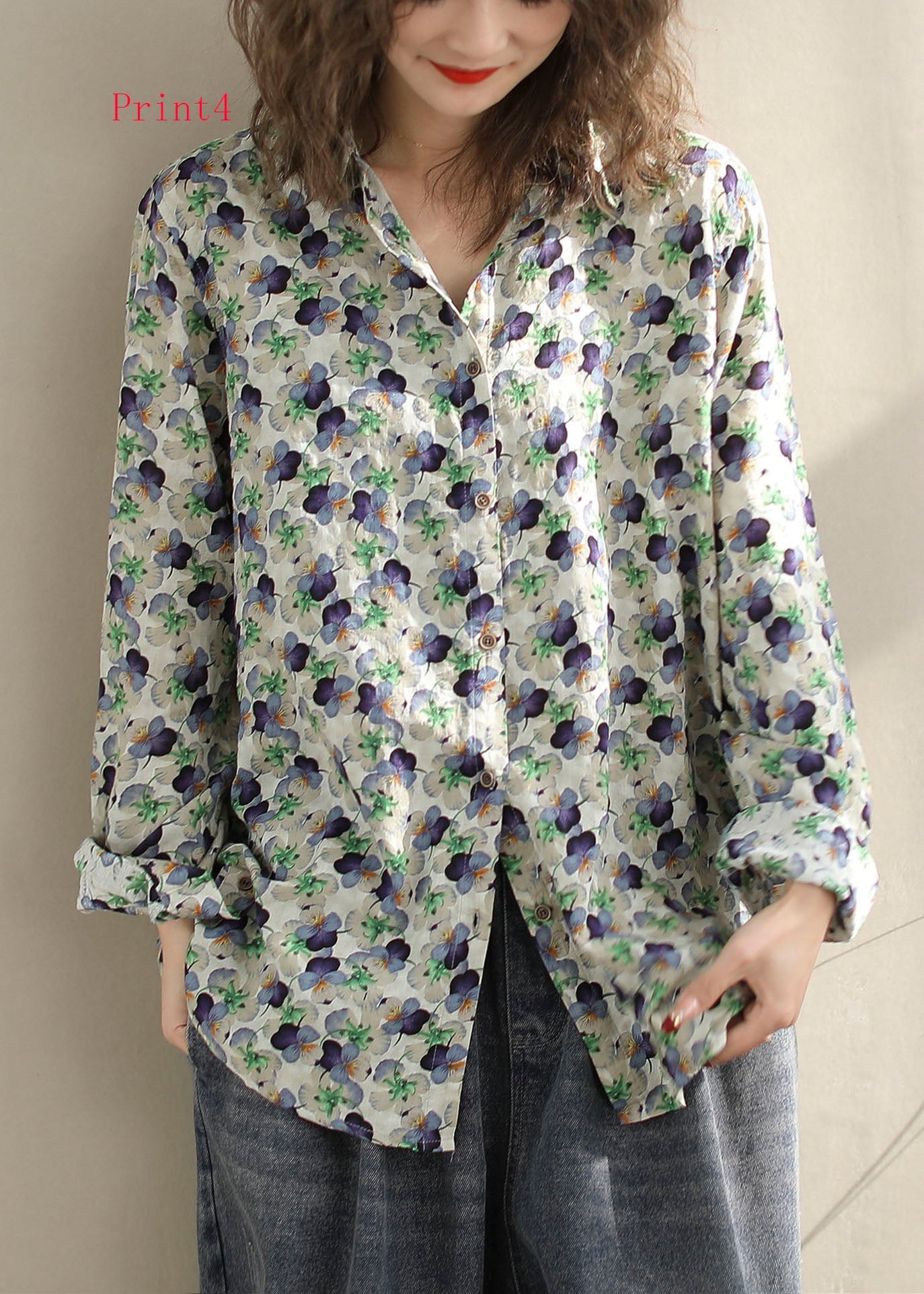 New Versatile Floral Print Peter Pan Collar Cotton Shirt Long Sleeves FF014