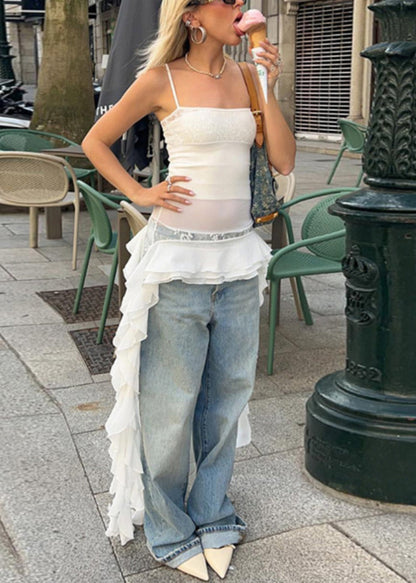 New White Asymmetrical Lace Patchwork Spaghetti Strap Tank Sleeveless EE1033