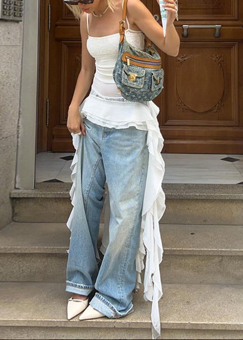 New White Asymmetrical Lace Patchwork Spaghetti Strap Tank Sleeveless EE1033