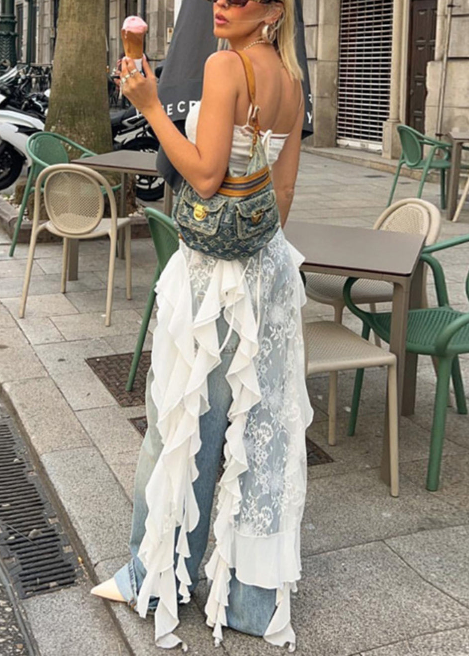 New White Asymmetrical Lace Patchwork Spaghetti Strap Tank Sleeveless EE1033