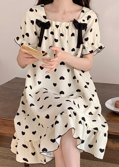 New White Bow Loving Heart Cotton Pajamas Long Dress Summer YK020