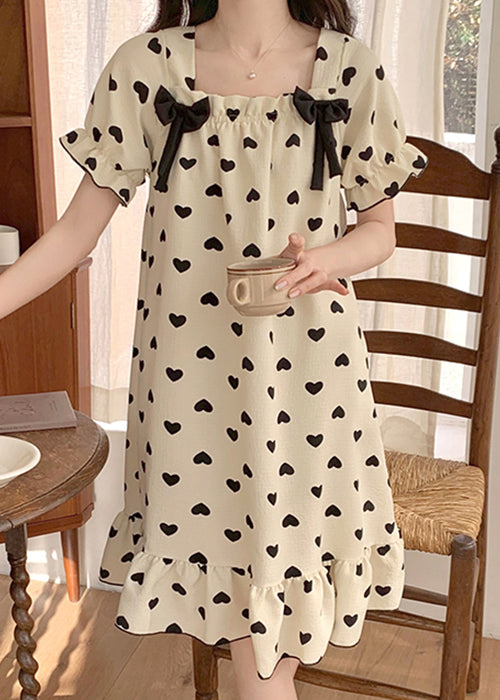 New White Bow Loving Heart Cotton Pajamas Long Dress Summer YK020