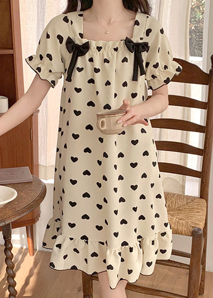 New White Bow Loving Heart Cotton Pajamas Long Dress Summer YK020
