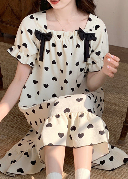 New White Bow Loving Heart Cotton Pajamas Long Dress Summer YK020