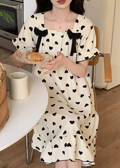 New White Bow Loving Heart Cotton Pajamas Long Dress Summer YK020