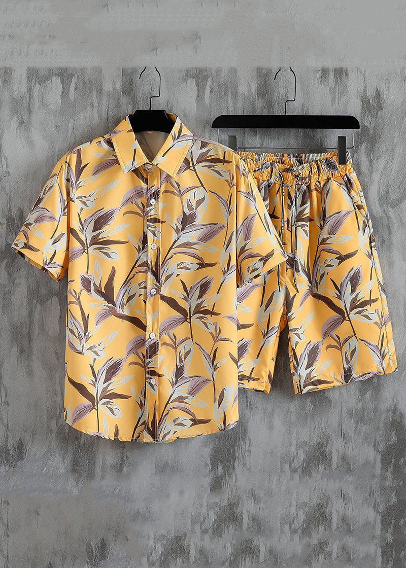 New White Button Print Elastic Waist Cotton Men Two Pieces Set Summer HG062