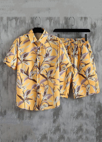 New White Button Print Elastic Waist Cotton Men Two Pieces Set Summer HG062