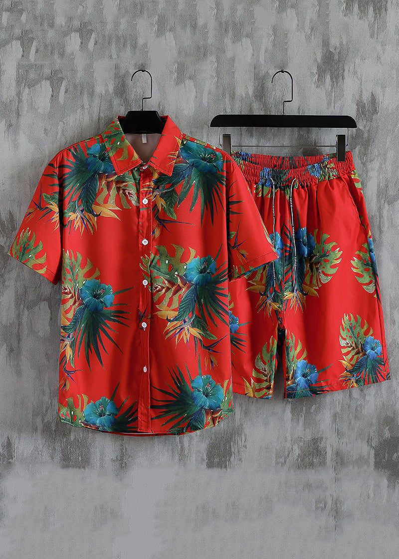 New White Button Print Elastic Waist Cotton Men Two Pieces Set Summer HG062