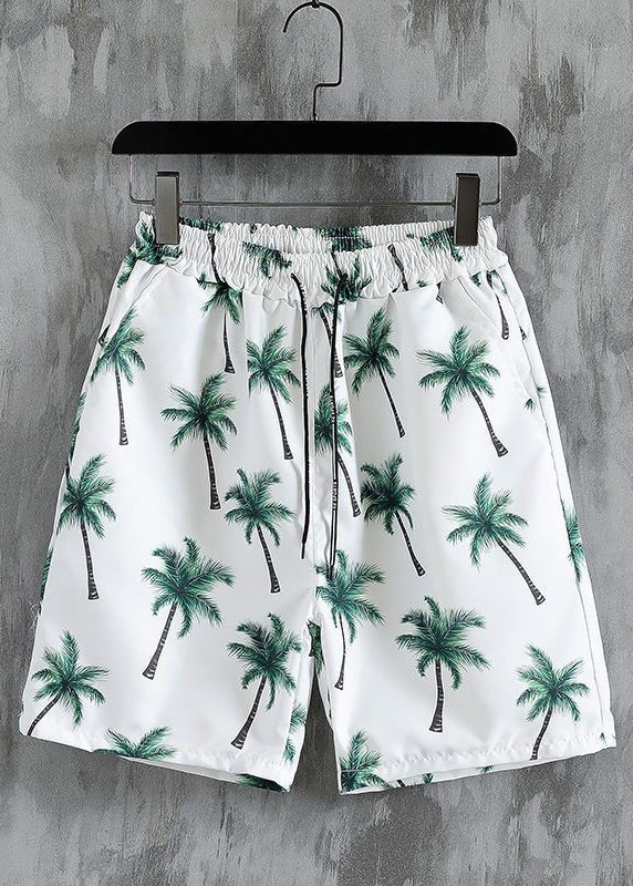 New White Button Print Elastic Waist Cotton Men Two Pieces Set Summer HG062