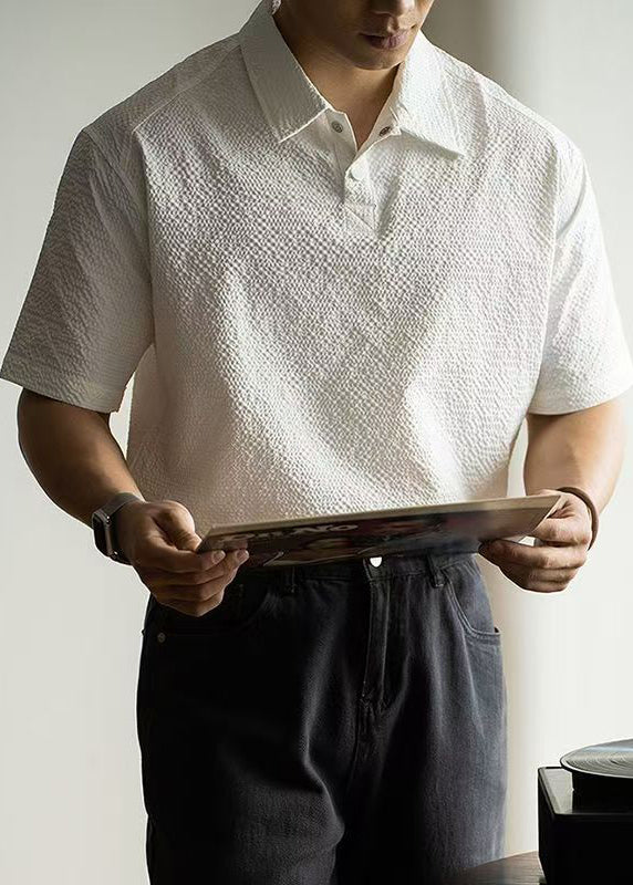 White Mens Shirts New Button Summer Solid Polo Cotton