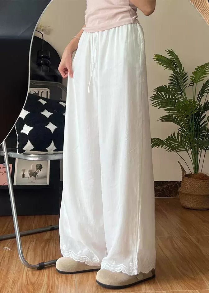Elastic White Embroidered Linen Pants New Thin Summer Waist