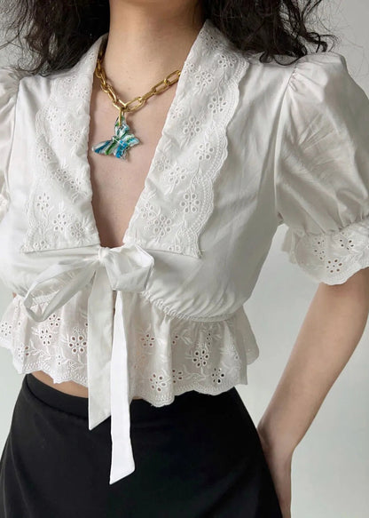 Summer White Embroidered Out Hollow Lace Up New Cotton Shirt