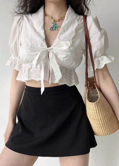 Summer White Embroidered Out Hollow Lace Up New Cotton Shirt