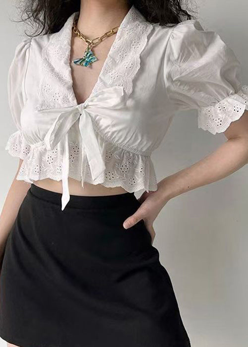 Summer White Embroidered Out Hollow Lace Up New Cotton Shirt