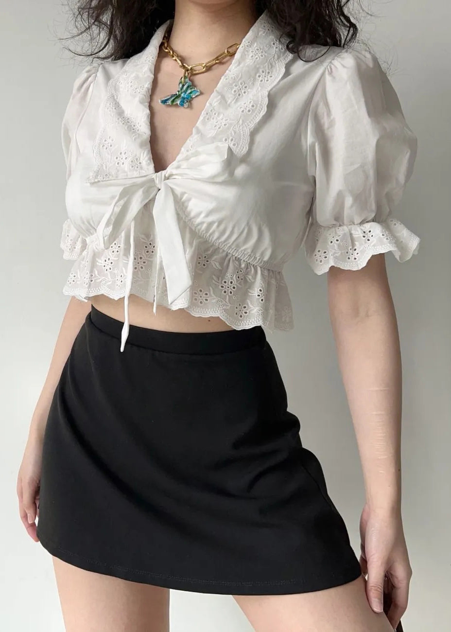 Summer White Embroidered Out Hollow Lace Up New Cotton Shirt