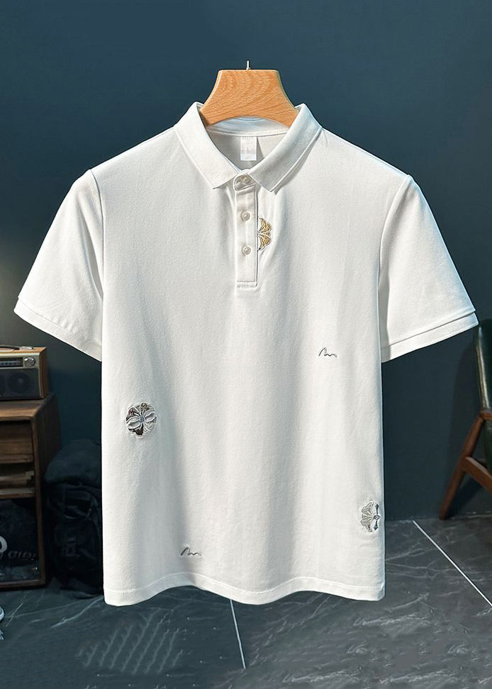 Mens Polo New Shirts Cotton Solid Button Embroideried White