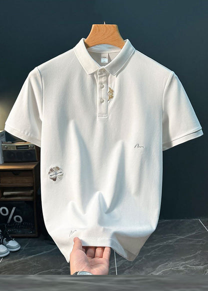 Mens Polo New Shirts Cotton Solid Button Embroideried White
