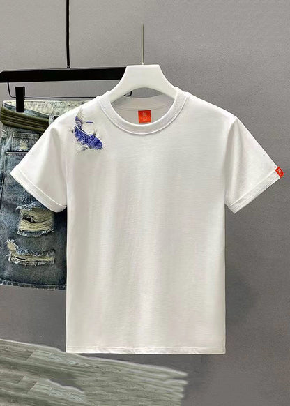 New White Embroideried Cozy Solid Cotton Mens T Shirts Summer LK065
