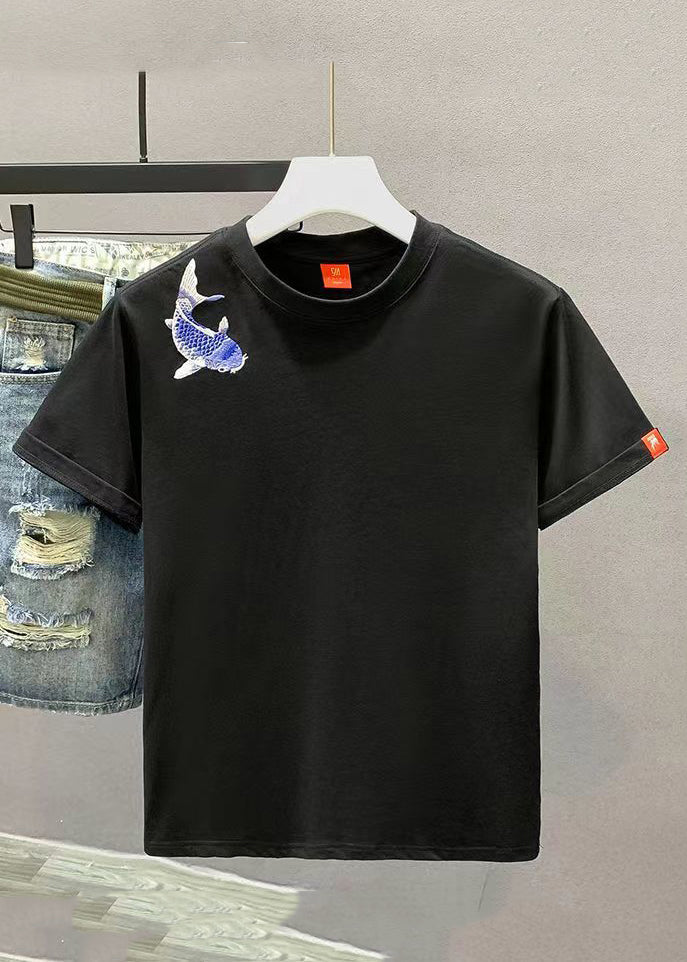 New White Embroideried Cozy Solid Cotton Mens T Shirts Summer LK065