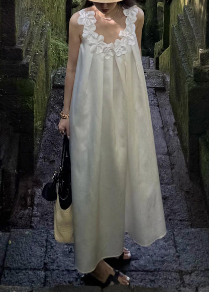 White Cotton New Maxi Floral Solid Sleeveless Dresses