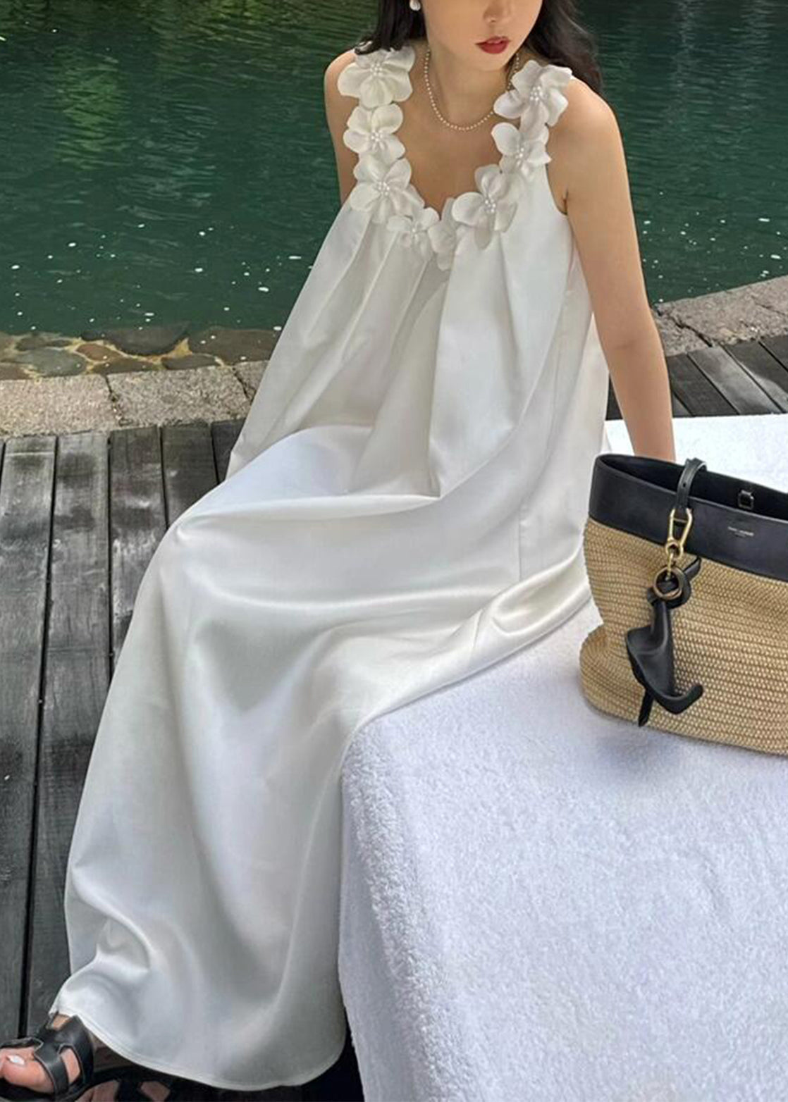 White Cotton New Maxi Floral Solid Sleeveless Dresses