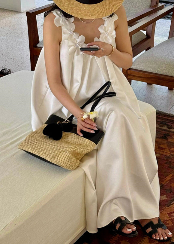 White Cotton New Maxi Floral Solid Sleeveless Dresses