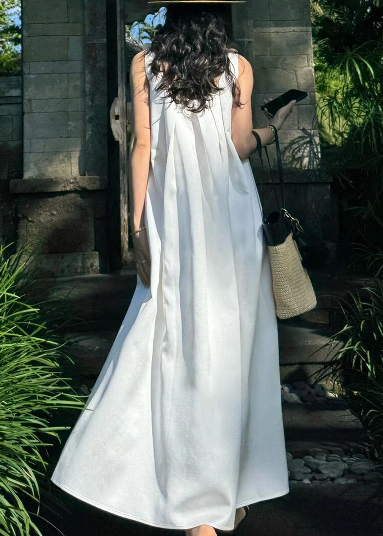 White Cotton New Maxi Floral Solid Sleeveless Dresses