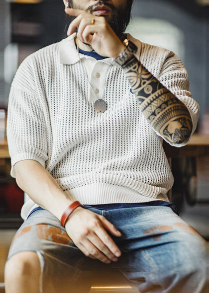 Summer Polo Out White Mens Hollow Knit Shirts New