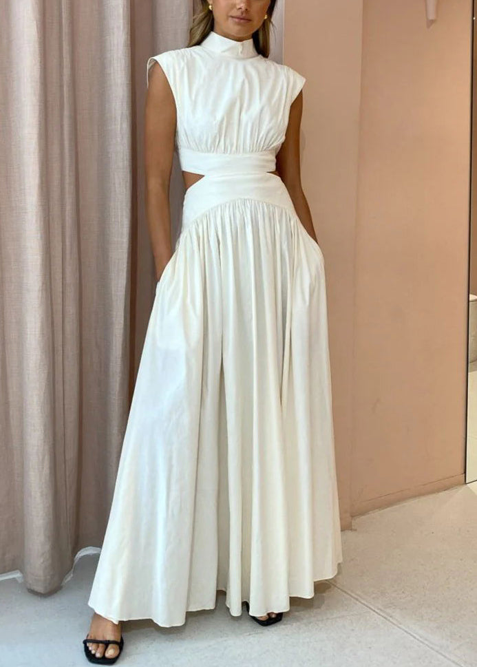 Dresses Maxi White Hollow Cotton New Wrinkled Summer Pockets Out