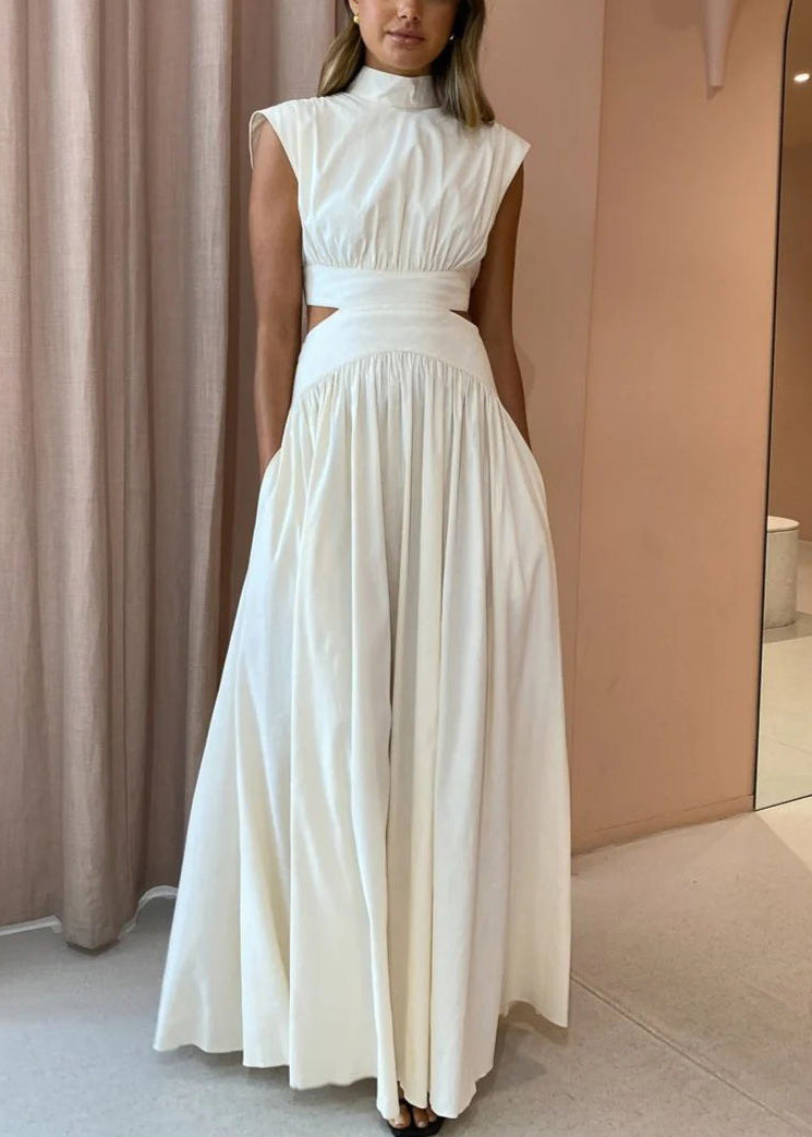 Cotton Wrinkled Summer New Maxi Hollow White Dresses Out Pockets