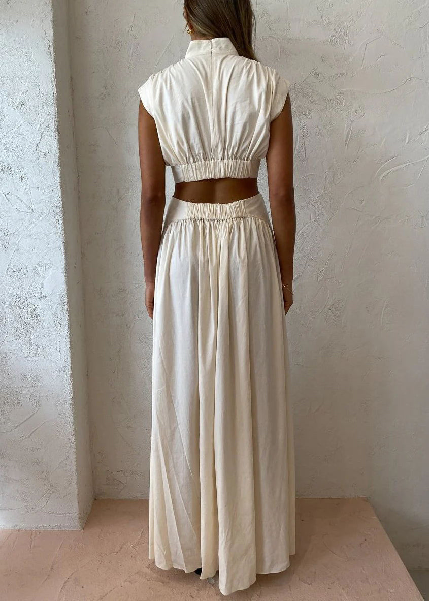 Cotton Wrinkled Summer New Maxi Hollow White Dresses Out Pockets