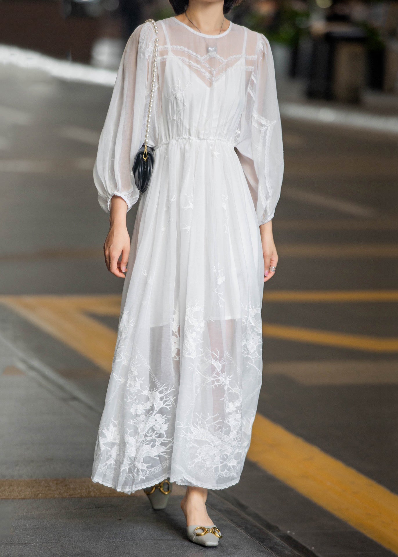 Embroidered Up Fall Lace Chiffon Dress Long New White