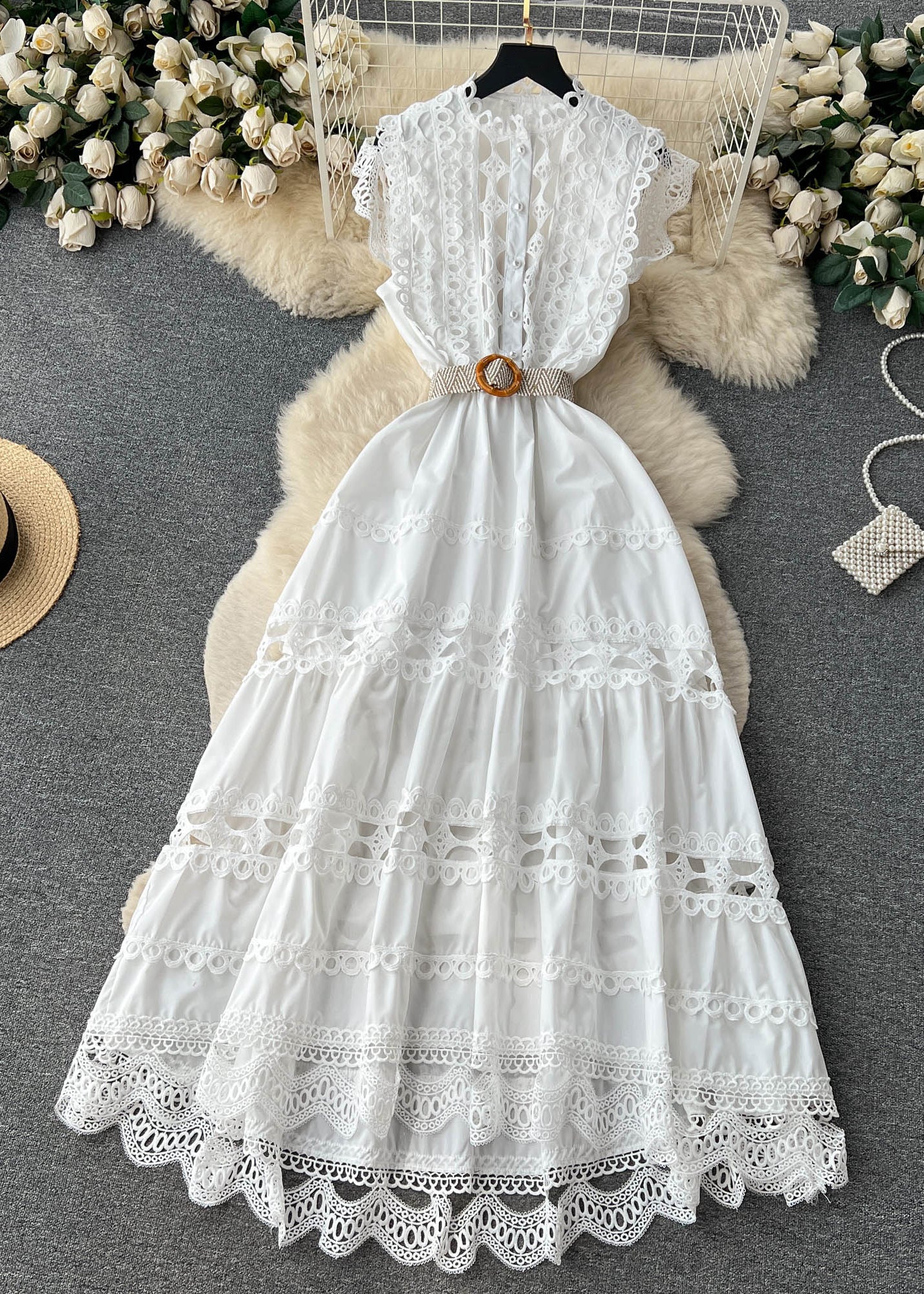 New White Lace Hollow Out Cotton Dress Sleeveless TR032
