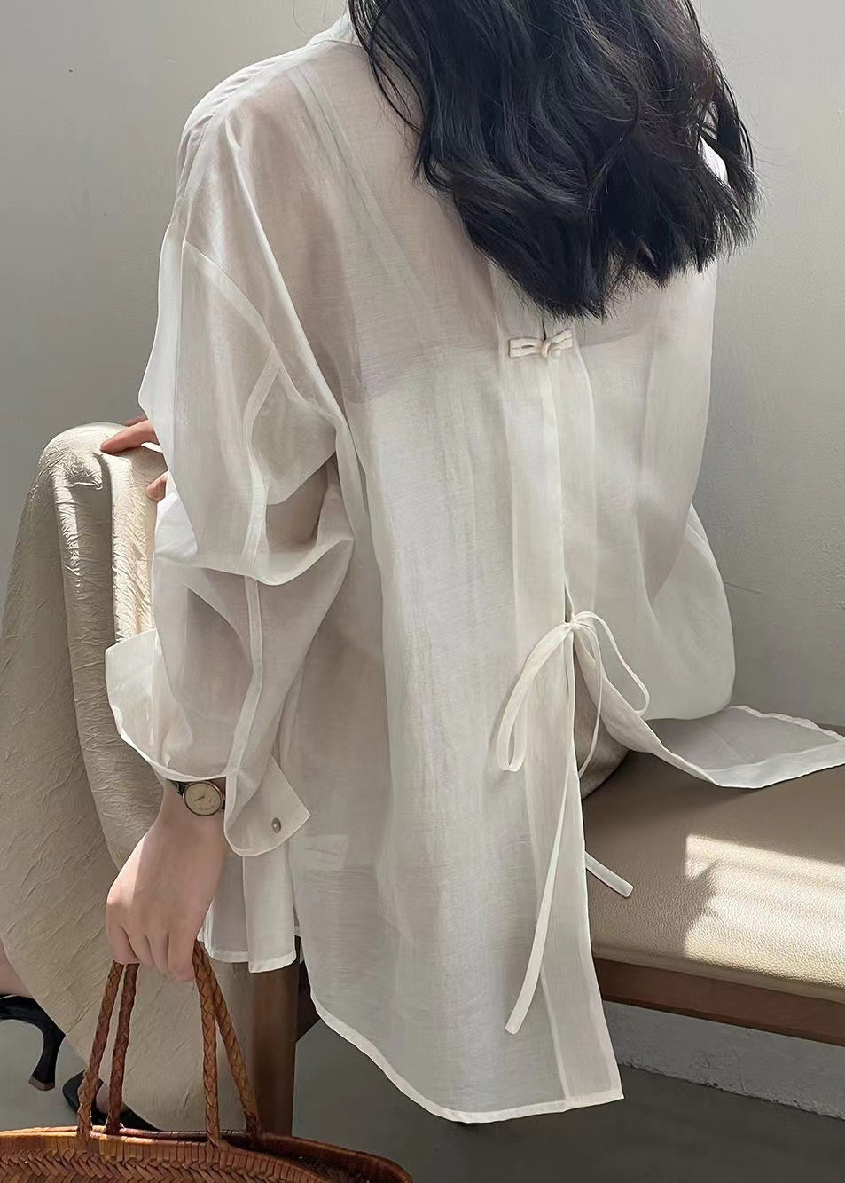New White Lace Up Button Silk Shirt Long Sleeve KK015