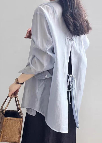 New White Lace Up Button Silk Shirt Long Sleeve KK015