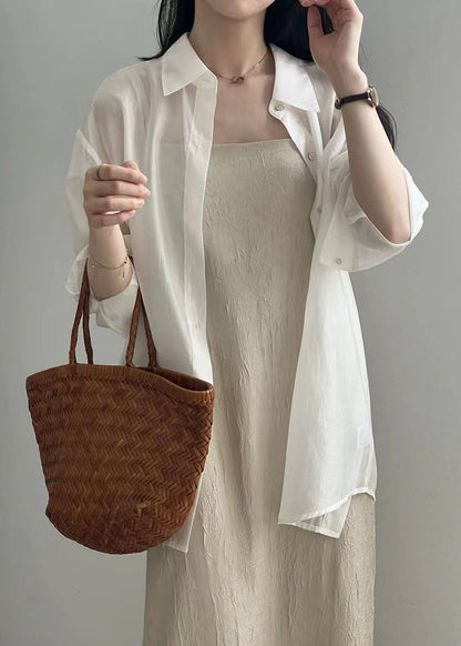 New White Lace Up Button Silk Shirt Long Sleeve KK015